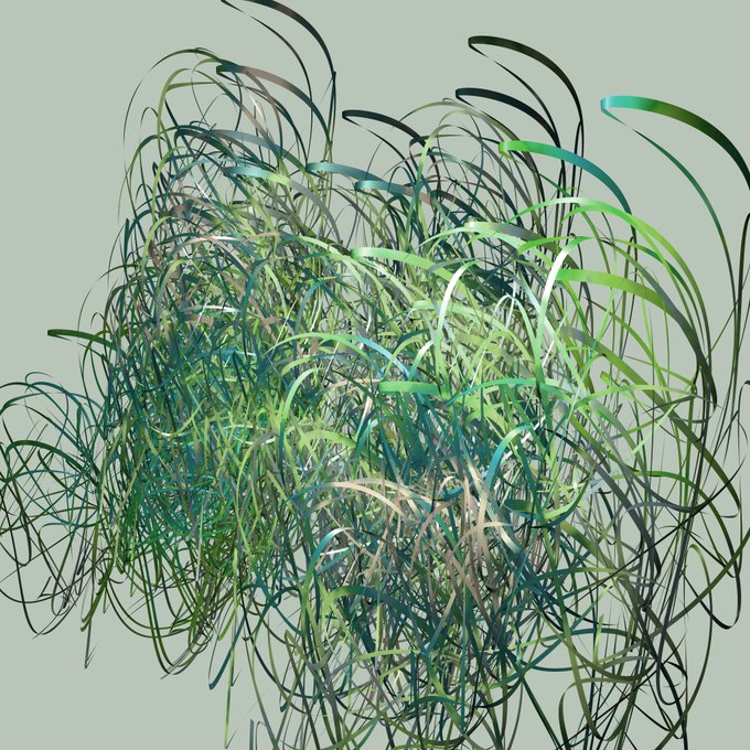 A 3D-rendered cluster of curly, ribbon-like grass or plant strands in various shades of green, teal, and dark green against a pale green background.