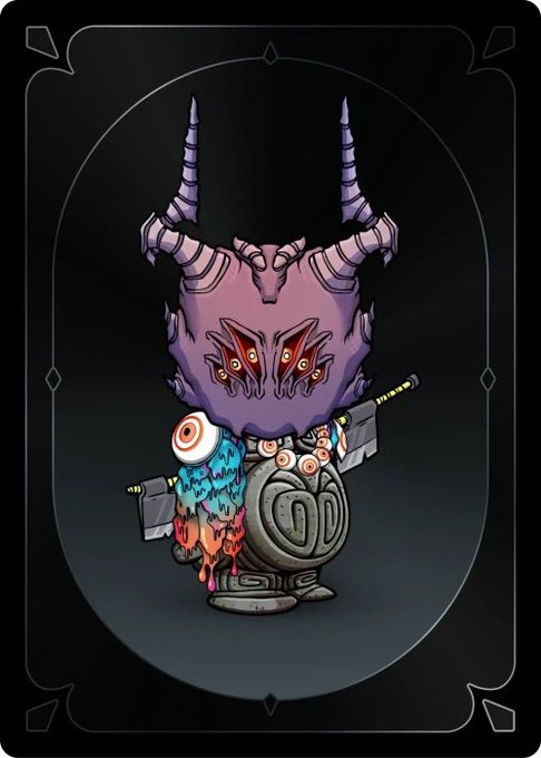 A digital illustration on a black card with decorative corner elements, depicting a fantasy creature with a large purple head featuring multiple eyes and horn-like protrusions, mounted on a stone-like body. The character holds a colorful flame-patterned object and a sword across its back.