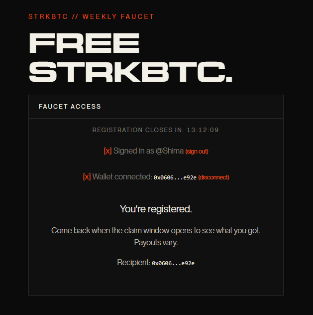 A dark-themed webpage titled 'FREE STRKBTC.' showing 'FAUCET ACCESS' with a registration countdown and wallet connection details for user @Shima.