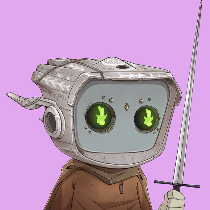 An illustration of a small robot with green glowing eyes, holding a sword, against a purple background.