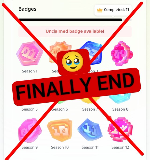 A "Badges" page showing 11 completed seasons (Season 1 through Season 12 visible) with an "Unclaimed badge available!" notification is crossed out with a red "FINALLY END" stamp featuring a crying emoji, symbolizing the completion of months of farming and badge collection for the final Soneium Score NFT mint.