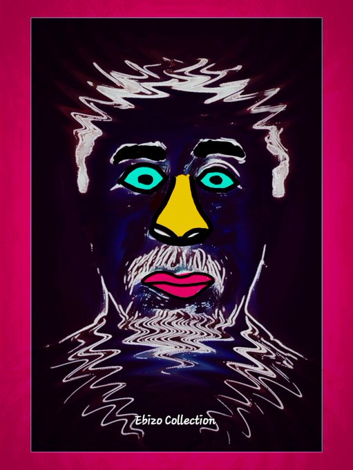 A stylized, colorful portrait of a bearded figure with glowing green eyes, a bright yellow nose, and pink lips against a dark background with a magenta border, featuring the text 'Zbizo Collection' at the bottom.