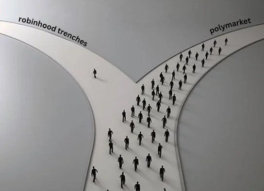 A conceptual graphic showing a crowd of silhouetted people walking along a forked path, with the left branch labeled "robinhood trenches" containing a single person, and the right branch labeled "polymarket" containing a large crowd.