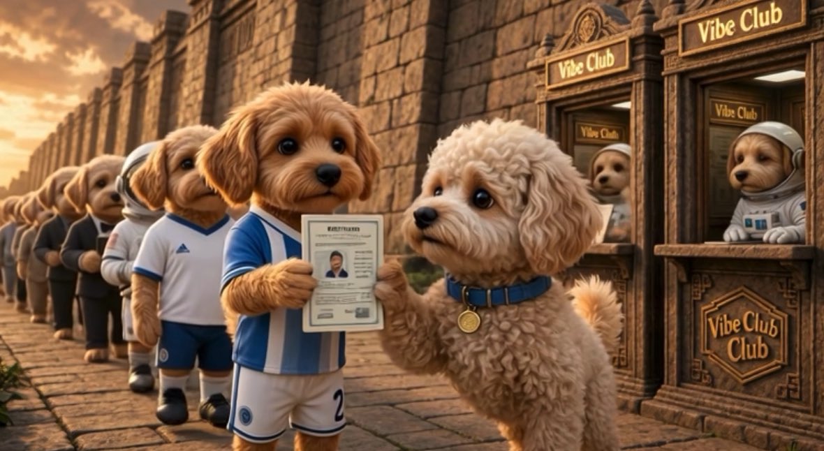 A whimsical scene featuring anthropomorphic poodle-like dogs in various outfits, including a blue and white sports jersey, standing in line at 'Vibe Club' kiosks with a stone wall background.