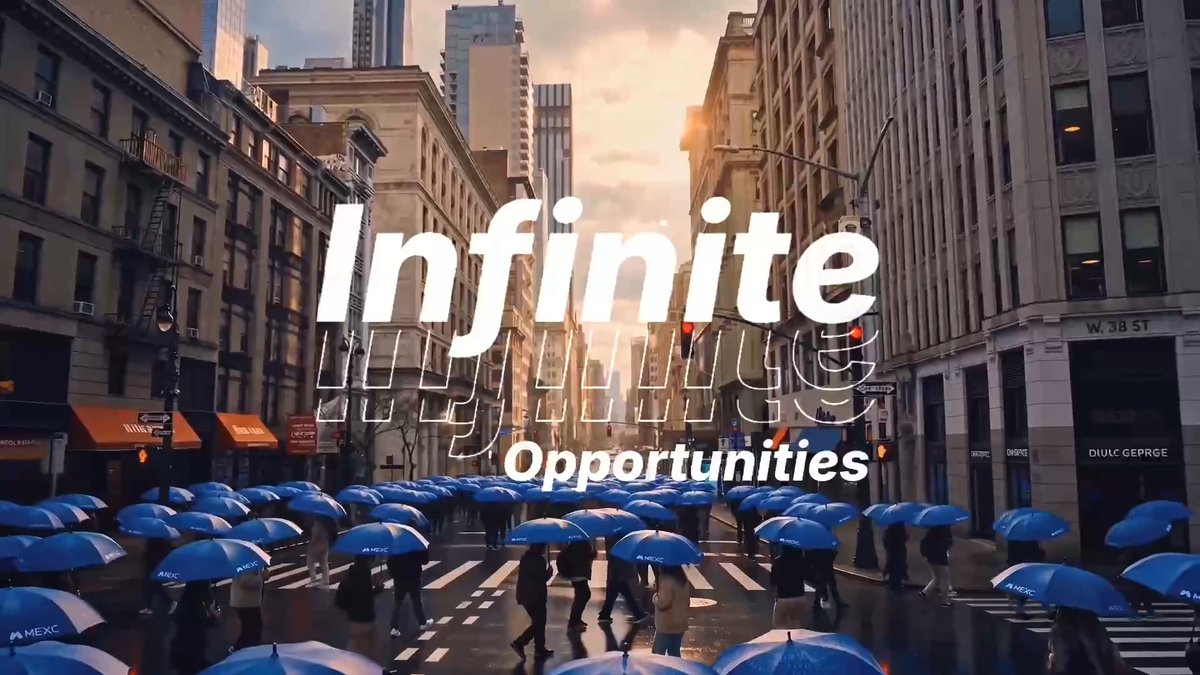iced umbrellas, a cityscape with buildings and trees, and the text "INFINITE OPPORTUNITIES" are featured on a gray background.