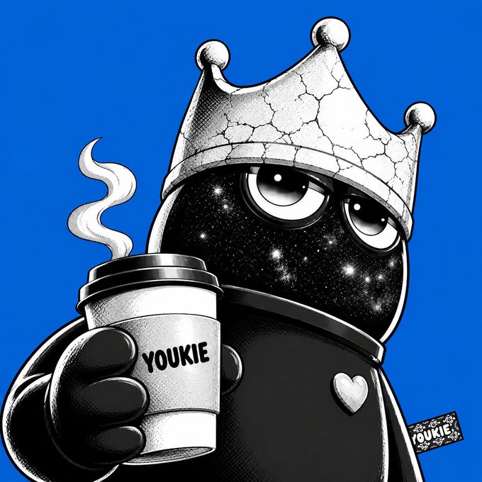 A black character wearing a cracked crown holds a coffee cup labeled 'YOUKIE' against a solid blue background, with a 'YOUKIE' tag visible on its body.