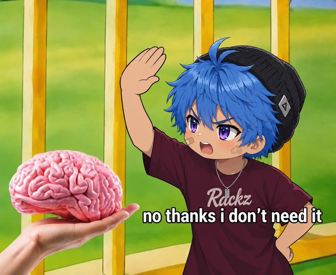 An anime-style illustration of a blue-haired character wearing a 'Rckz' t-shirt and beanie, waving away a hand offering a pink brain with the caption 'no thanks i don't need it'.