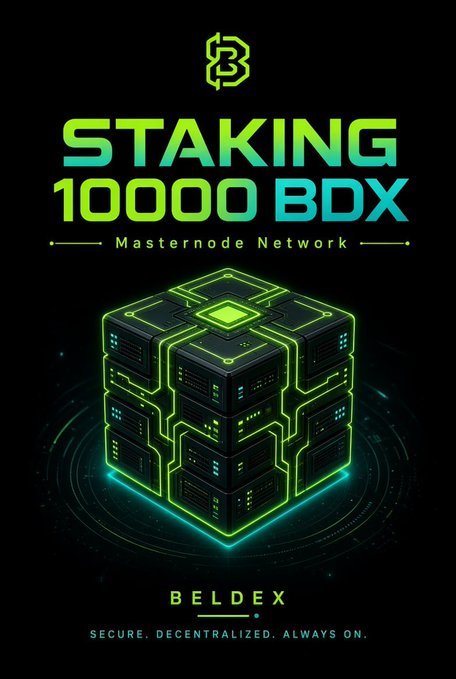 A promotional graphic for 'BELDEX' cryptocurrency featuring neon green text 'STAKING 10000 BDX' over an isometric illustration of server towers.