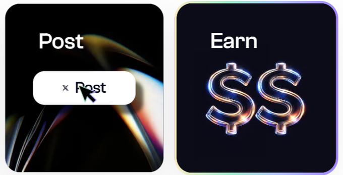 A two-panel promotional graphic showing 'Post' with a cursor clicking a Post button, and 'Earn' with stylized dollar signs.