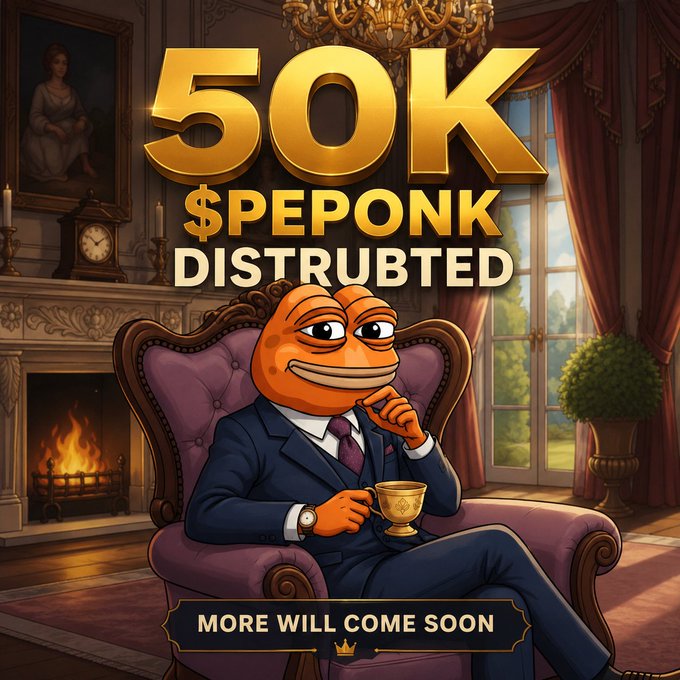 A Pepe the Frog meme image styled as an elegant aristocrat sitting in a velvet chair holding a teacup, with text reading '50K $PEPONK DISTRUBED' and 'MORE WILL COME SOON.'