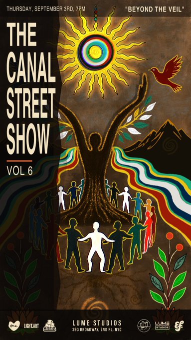 A colorful poster for 'THE CANAL STREET SHOW VOL 6' taking place Thursday, September 3rd at 7PM, featuring a stylized tree, sun, and silhouetted figures, sponsored by Lume Studios and others.