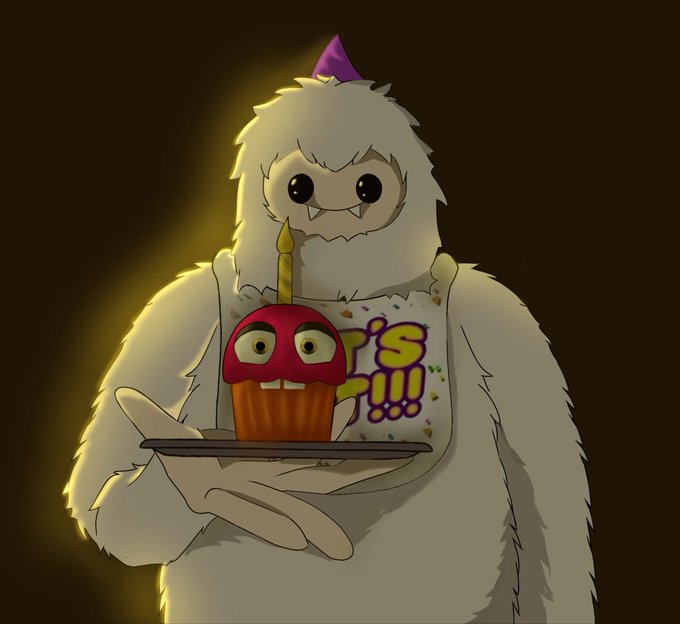 A digital illustration of a cute, fluffy white yeti-like creature wearing a small purple party hat and a bib that says 'IT'S MY!!!', holding a tray with a lit cupcake character.