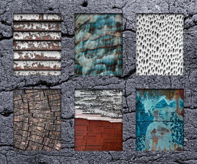 The image shows six different textures of materials displayed against a gray background. The textures include wood, metal, brick, stone, concrete, and paint. Each texture has its own unique characteristics that make them visually interesting and appealing. The arrangement of these textures creates an eye-catching display for viewers to appreciate the variety in design elements.