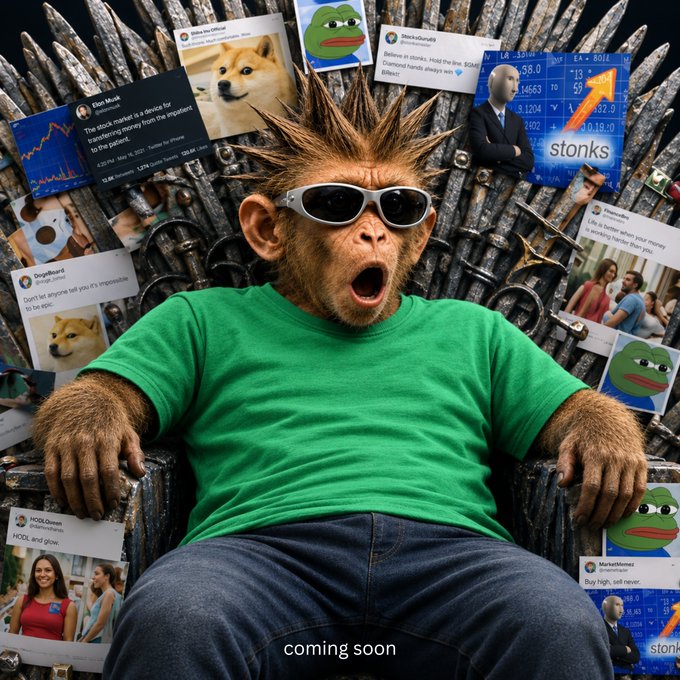 A photorealistic monkey wearing sunglasses and a green t-shirt sits on the Iron Throne surrounded by social media posts, Doge and Pepe memes, and stock tickers, with 'coming soon' written below.