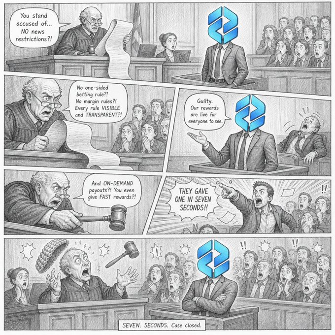 A courtroom comic shows FTM (represented by the Fantom logo) standing trial before an outraged judge who accuses the project of "NO news restrictions," "no one-sided betting rule," "Every rule VISIBLE and TRANSPARENT," and "ON-DEMAND payouts," with the final verdict declaring "SEVEN. SECONDS. Case closed." The image satirizes the post's joke about FTM being sued for processing rewards too fast, enforcing transparent rules, and giving traders too much freedom, humorously framing these positives as legal offenses requiring a lawyer.