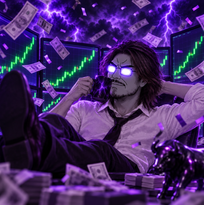 Stylized digital art of a man with glowing purple glasses surrounded by floating money, green trading charts, and lightning effects.
