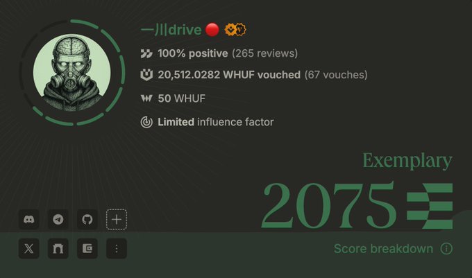 A digital profile page showing a user named "—|||drive" with 100% positive reviews, 20,512.0282 WHUF vouched, and an "Exemplary" score of 2075.