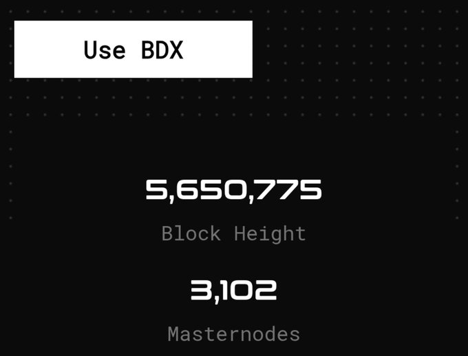Black dashboard display showing 'Use BDX' button and cryptocurrency statistics: 5,650,775 Block Height and 3,102 Masternodes.