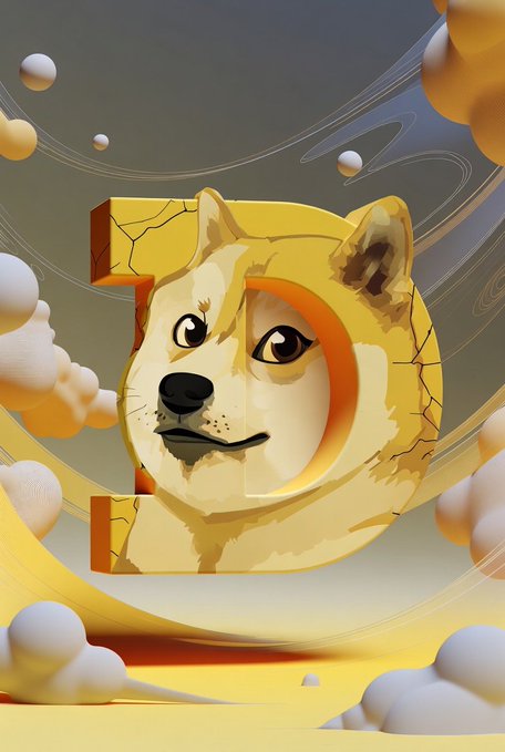 The image features a cartoon dog with a yellow body, white face, and black ears, standing against a sky filled with clouds. The dog appears to be looking directly at the camera, giving off an impression of curiosity or playfulness. In the background, there are floating balls that seem to be part of the scene's design. The caption below the image reads "Good morning $DOGE FAM GM CT Happy Tipping Tuesday!!! Dogecoin to the Moon!".