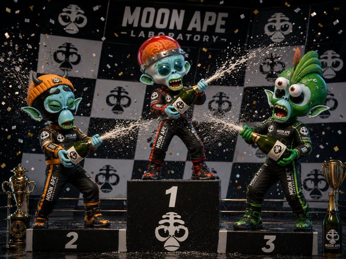Three cartoon monkey/ape characters celebrating on a 1-2-3 podium, spraying champagne, with 'MOON APE LABORATORY' text and a Bored Ape-style logo in the background.