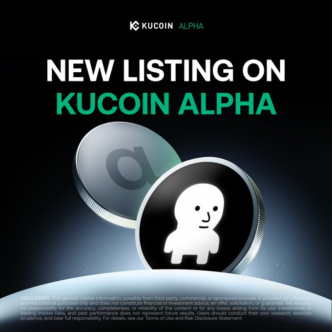 A promotional graphic announces a "NEW LISTING ON KUCOIN ALPHA" featuring the KuCoin Alpha logo alongside a metallic coin and a white mascot character, complementing the post about $MANLET trading now available on the KuCoin Alpha Zone via the Solana chain.