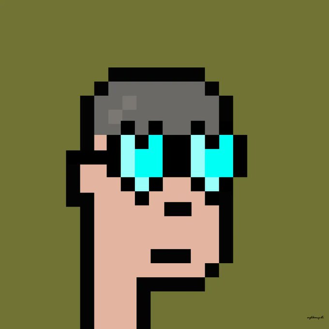 A pixel art portrait of a character with dark hair and bright cyan sunglasses in profile against an olive green background.