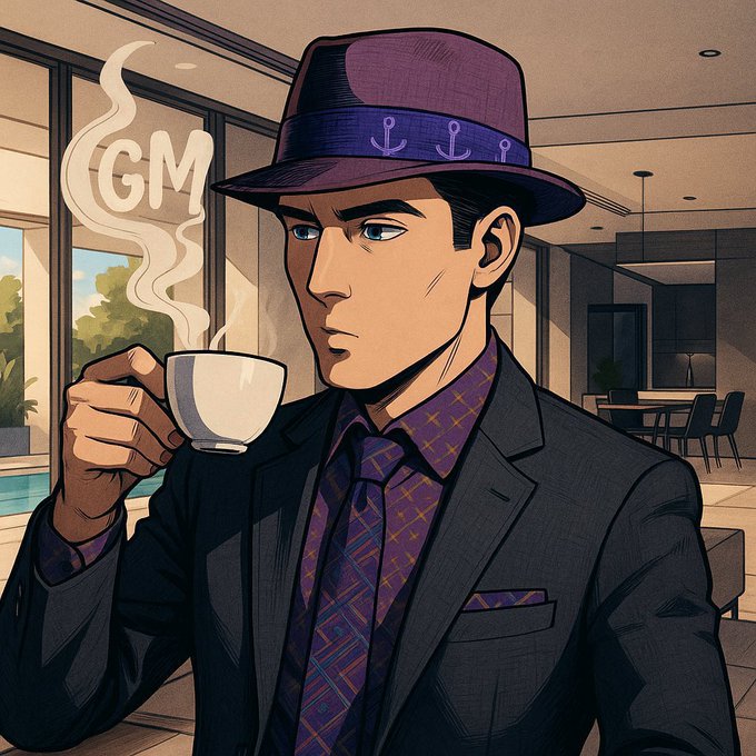Anime-style illustration of a man in a purple fedora with anchor designs, suit, and patterned shirt, drinking coffee with 'GM' rising in the steam.