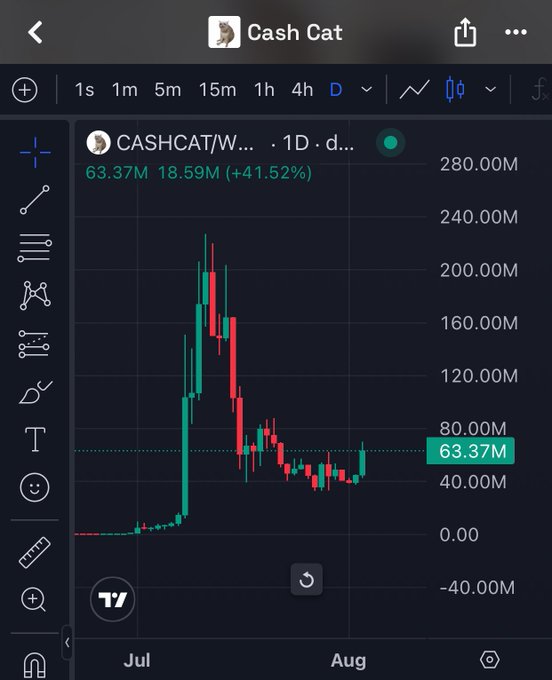 A TradingView chart for "Cash Cat" (CASHCAT/W...) on the 1-day timeframe shows a price spike peaking above 240M before retracing to 63.37M, with the asset gaining +41.52% (18.59M) over the period. The chart visually supports the post's claim of a 41% surge, highlighting a sharp pump-and-fade pattern that the author frames as a potential comeback compared to $PONS's decline.