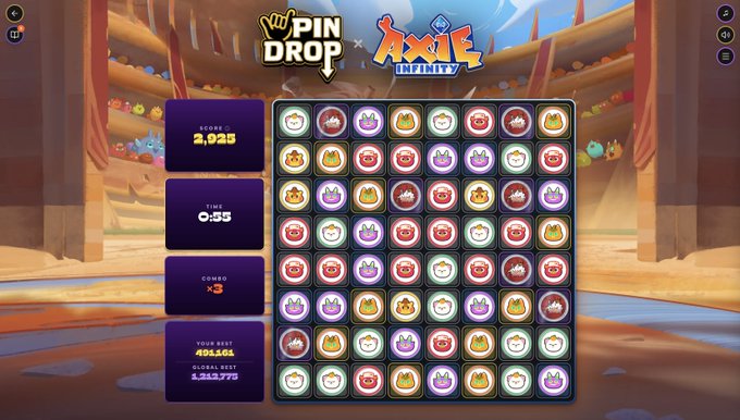 A screenshot of the 'Pin Drop' game mode within Axie Infinity, showing a grid of colored Axie icons with a score of 2,925, timer at 0:35, 3x combo, best bet 461,601, and global best 8,313,773.