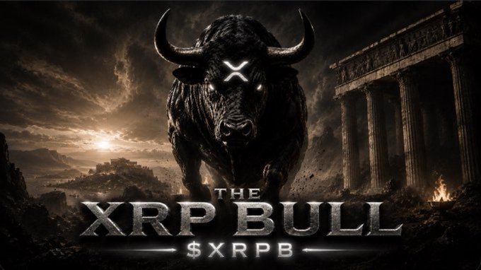 A dramatic image of a charging bull with glowing "X" eyes standing before ancient ruins, with text "THE XRP BULL $XRPB".