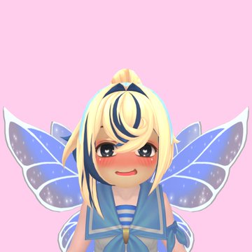 An anime-style chibi character with blonde hair, blue highlights, blue fairy wings, and a sailor outfit smiles against a pink background.