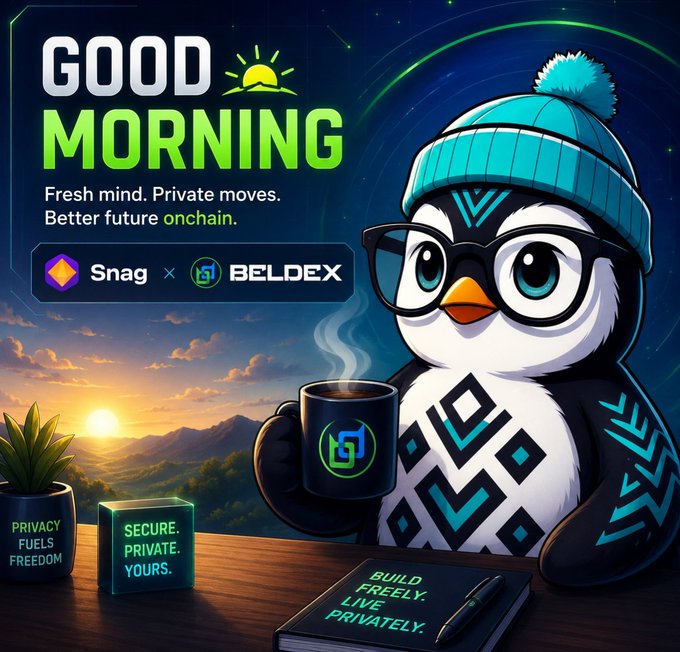 A cartoon penguin in a beanie and glasses holds a "BELDEX" coffee mug at sunrise, with the "GOOD MORNING" greeting and text "Fresh mind. Private moves. Better future onchain" alongside Snag × Beldex logos. The image ties into the post by presenting Beldex's identity-focused privacy ecosystem (BNS) in a friendly, approachable morning-mood format that complements the message about human-readable wallet names.