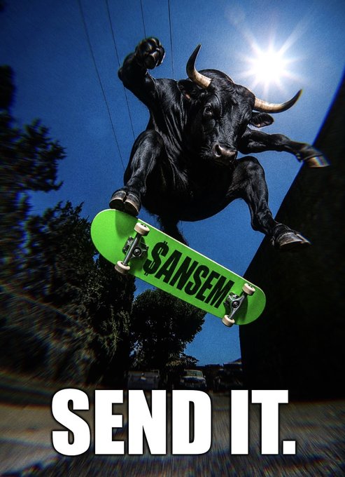 A surreal image of a black bull mid-air on a green skateboard branded with "$ANSEM", with the text "SEND IT." displayed at the bottom.