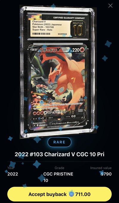 A screenshot from a digital card trading app shows a graded 'Charizard V' Pokémon card labeled 'CERTIFIED GUARANTY COMPANY' with 'RARE' and 'CGC PRISTINE 10' text, offering a buyback price.