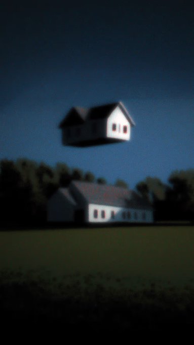 The image shows a house floating in mid-air, with another house below it. The houses appear to be made of wood and are located near trees. The sky above them is dark blue, creating an eerie atmosphere. The image also contains text that reads "The Fall Sold from Rhmattson13 to reidsailor.eth for 0.05Ξ opensea.io/item/ethereum/ ...". This suggests that the floating houses are part of a larger project or story involving real estate and cryptocurrency, possibly set in an alternate reality where these two elements coexist.