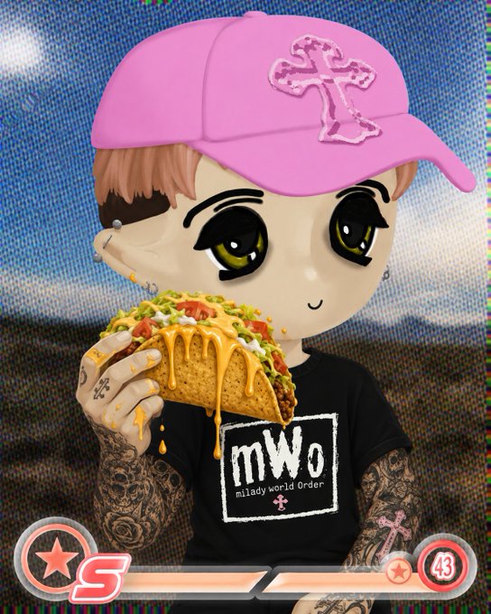 A 3D-style character with a pink cap and 'milady world order' t-shirt holds a dripping taco, with 'MWO' and the number '43' visible at the bottom.