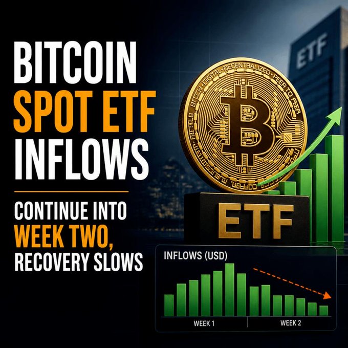 A promotional graphic showing a gold Bitcoin coin on a podium next to an upward green bar chart, with the headline "BITCOIN SPOT ETF INFLOWS - CONTINUE INTO WEEK TWO, RECOVERY SLOWS" and a smaller chart depicting a decline from Week 1 to Week 2 inflows, illustrating the $75.7 million second-week inflows following eight weeks of outflows mentioned in the post.