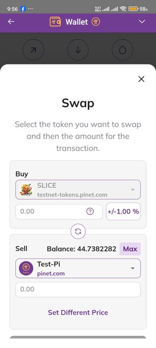 The image shows a crypto "Swap" interface on a wallet app, where users can exchange SLICE (testnet-tokens.pinet.com) for Test-Pi (pinet.com), with a balance of 44.7382282 Pi available and a Set Different Price option. The interface relates to the post's description of a Hybrid DEX model, illustrating the AMM-style swap functionality that allows simple, continuous-liquidity token exchanges—one half of the dual-model DEX vision mentioned.