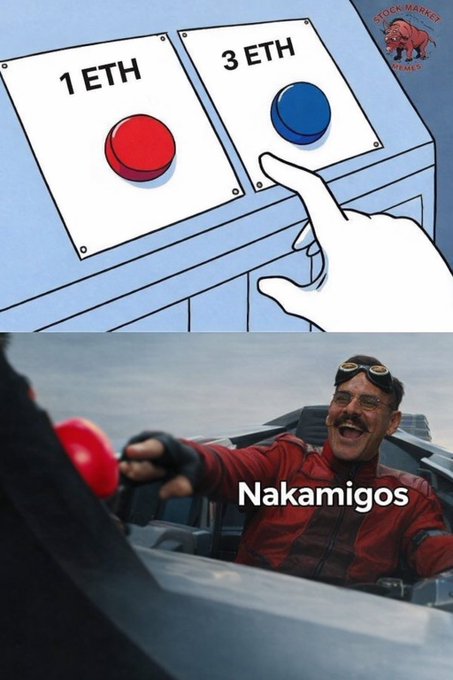A two-panel meme comparing the choice between '1 ETH' and '3 ETH' buttons to a scene of Dr. Robotnik from a Sonic movie pressing a button, labeled 'Nakamigos' with a 'STOCK MARKET ZOMBIES' logo.