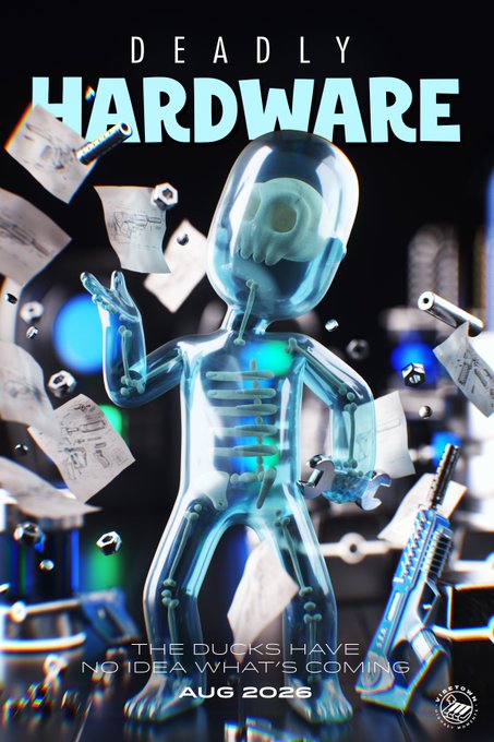 A stylized, 3D-rendered poster titled 'DEADLY HARDWARE' showing a translucent blue robotic figure with an eye inside its head, surrounded by floating hardware components, with the text 'The ducks have no idea what's coming AUG 2026'.