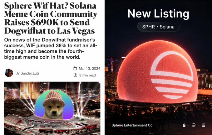 The image is a side-by-side comparison: on the left, a news headline reading "Sphere WifHat? Solana Meme Coin Community Raises $690K to Send Dogwifhat to Las Vegas" (dated March 13, 2024), and on the right, a "New Listing" announcement showing the Sphere Entertainment venue displaying a glowing $SPHR (Solana) logo.

This image illustrates the 2024 chapter of the WIF x Sphere saga mentioned in the post, showing how the Solana Dogwifhat community successfully raised nearly $700K with the goal of featuring their meme coin on the Las Vegas Sphere.