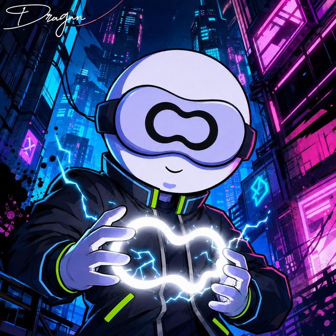A digital illustration shows a stylized character wearing VR goggles and a dark jacket, channeling blue electricity between their hands against a cyberpunk cityscape, signed 'Dragon'.