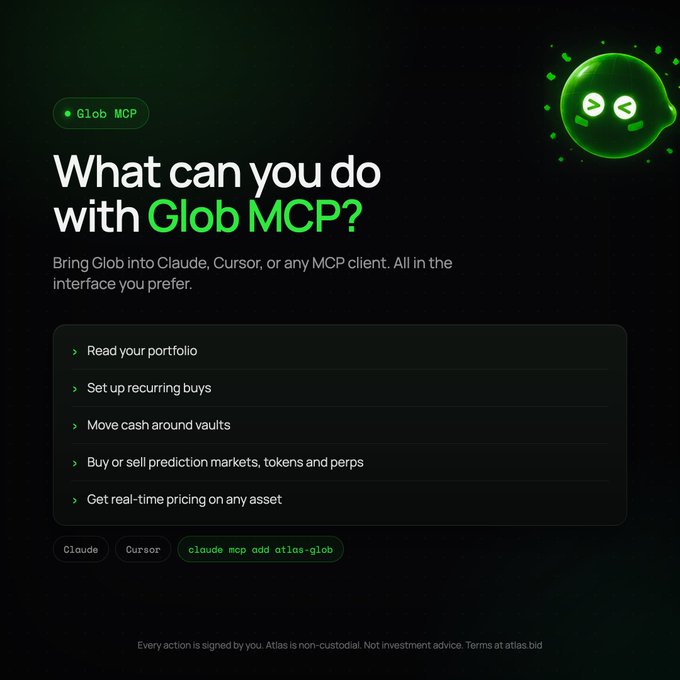 A promotional graphic for 'Glob MCP' with a green blob mascot, listing features like reading portfolios, setting up recurring buys, and trading on prediction markets, with the command 'claude mcp add atlas-glob'.