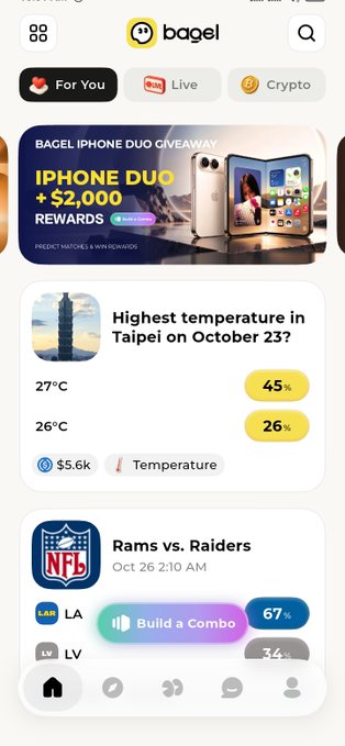 The bagel app home screen features “For You,” “Live,” and “Crypto” tabs, an “IPHONE DUC + $2,000 REWARDS” banner, a Taipei temperature prediction card, and an NFL “Rams vs. Raiders” card with a “Build a Combo” button.