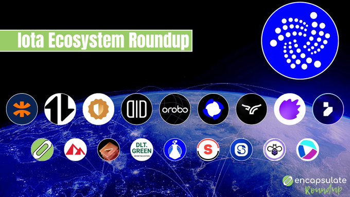A promotional graphic titled "Iota Ecosystem Roundup" featuring the IOTA logo alongside a collection of partner project icons (including QID, Orobo, DLT Green, and others) displayed over an Earth background, visually showcasing the diverse range of real-world applications and partners highlighted in the ecosystem summary.