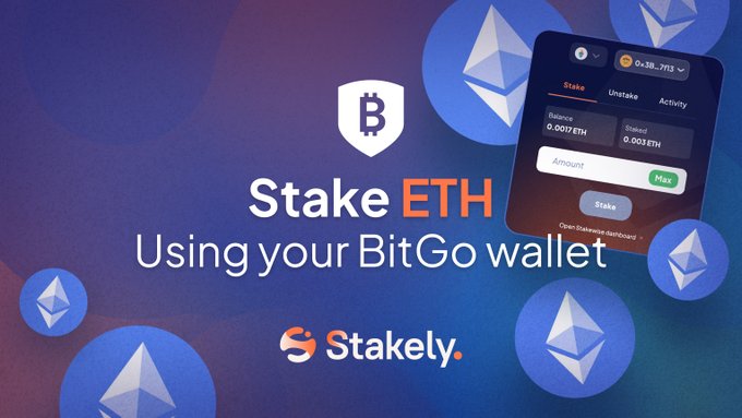 A promotional graphic reads "Stake ETH Using your BitGo wallet" with the Stakely logo, displaying a wallet interface for staking Ethereum with a balance of 0.0017 ETH.
