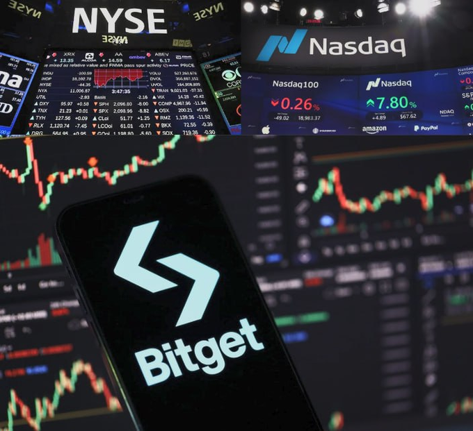 A collage of stock market images showing the NYSE and Nasdaq boards with tickers like AAPL, along with a smartphone displaying the Bitget cryptocurrency exchange logo overlaid on a candlestick chart.