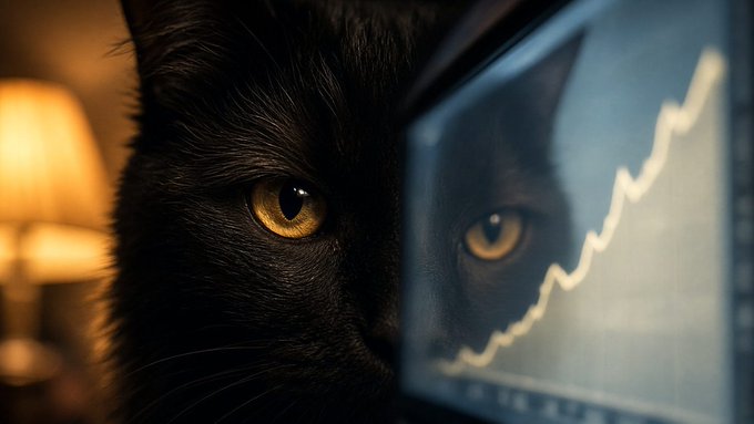 A black cat with golden eyes peers toward a computer monitor displaying a bright upward-trending stock chart.