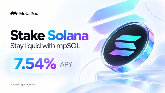 Promotional graphic for Meta Pool advertising 'Stake Solana - Stay liquid with mpSOL' offering a 7.54% APY, featuring the Solana logo at sol.metapool.app.