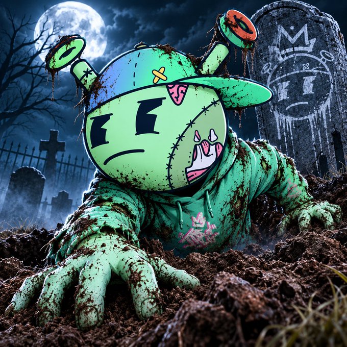A zombie-like green Quirkie character crawls out of dirt in a moonlit graveyard with a gravestone reading "RIP QUIRK," symbolizing that the Quirkies NFT community remains unstoppable even "dead and buried."